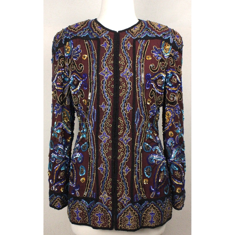 Niteline Della Roufogali Women's M Vintage Silk Beaded Sequin Evening Jacket 90s